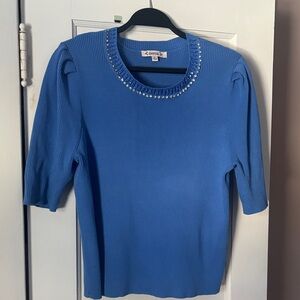 Nanette Lepore Blue Short Sleeve Top with Beaded Neckline